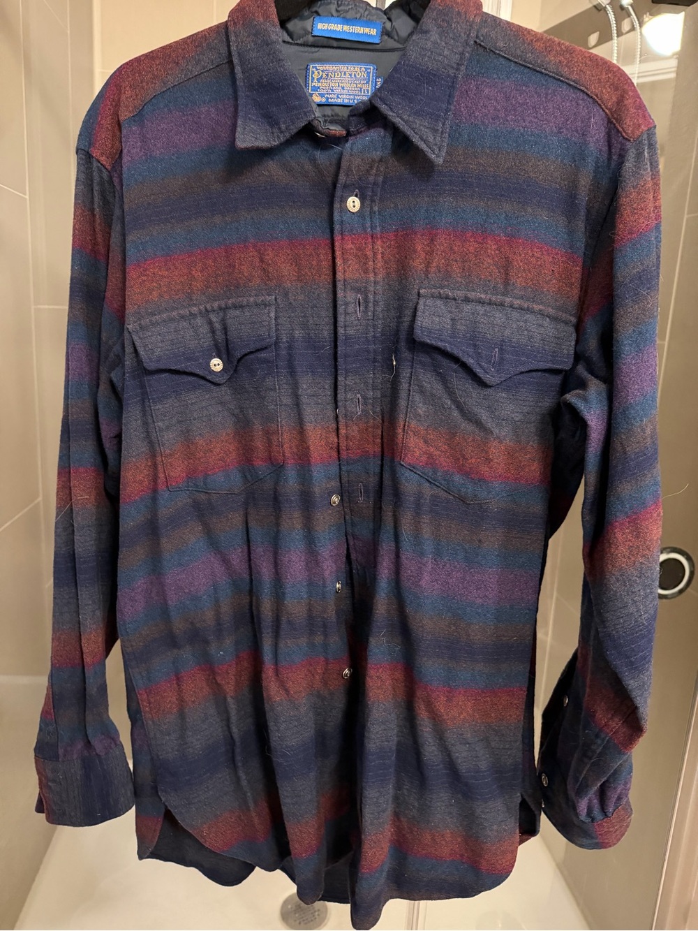Pendleton Men’s Striped Wool Button-Down Shirt in Navy and Red